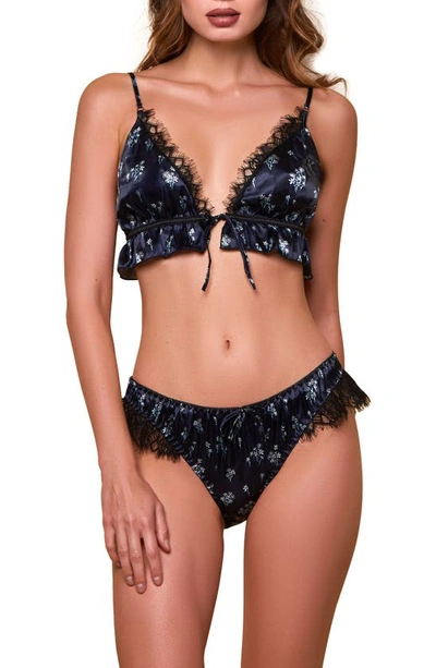 Hauty Floral Print Satin Tie Front Bralette & Trouseries In Navy-blue