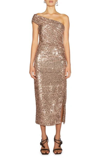 Jonathan Simkhai Zay Hammered Sequin One-shoulder Cocktail Dress In Gold
