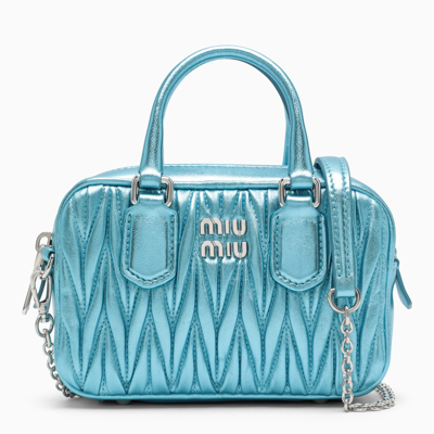 Miu Miu Mini Handbag In Metallic Light Blue Matelassé Leather