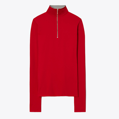 Tory Burch Zip Front Long-sleeve Jersey Top In Rich Red