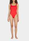 Versace Square-neck Greca-strap One-piece Swimsuit In Black