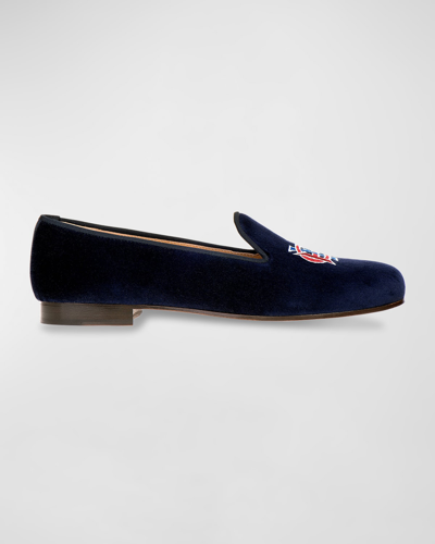 Stubbs And Wootton Men's Embroidered Hyc Velvet Slippers In Navy