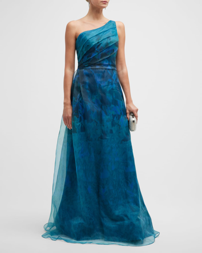 Rene Ruiz Collection Floral One-shoulder Organza Gown In Teal