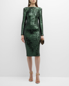Dress The Population Emery Sequin Long-sleeve Sheath Dress In Dark Pine Multi