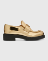 Prada Metallic Leather Logo Loafers In Gold