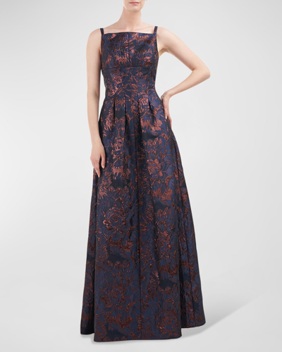 Kay Unger Pleated Metallic Floral Jacquard Gown In Deep Navy Bronze