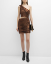 Dress The Population Tuuli Ruched One-shoulder Cutout Mini Dress In Bronze Multi
