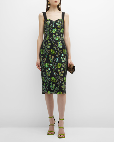 Dress The Population Nicole Floral Sequin Sweetheart Midi Dress In Green
