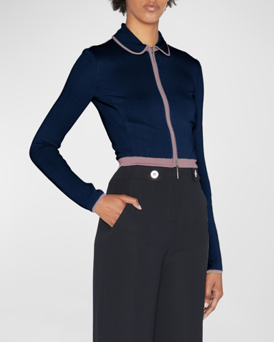 Giorgio Armani Peter Pan-collar Striped-edge Crop Zip Jacket In Navy