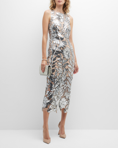 Milly Kinsley Floral Sequin Lace Midi Dress In Silver | ModeSens
