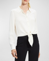 Theory Long Sleeve Button-up Tie Waist Silk Blouse In Ivory