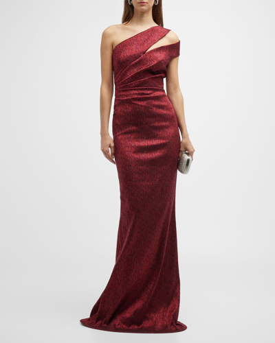 Rickie Freeman For Teri Jon One-shoulder Cutout Jacquard Gown In Cranberry