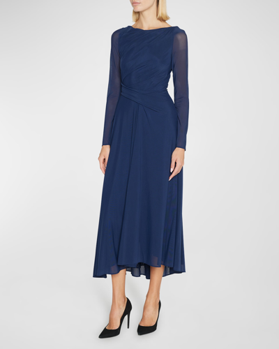 Talbot Runhof Draped Stretch Tulle Midi Dress In Blue