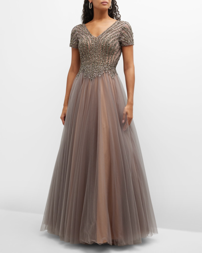 Basix Short-sleeve Beaded Sequin Ball Gown In Taupe