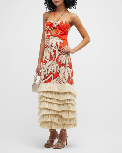 Johanna Ortiz Kuba Kingdom Tiered-fringe Knotted Halter Maxi Dress In Orinoco Ankara Red Ecru