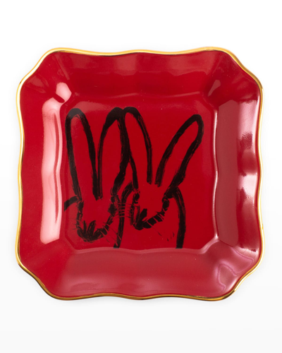 Hunt Slonem Portrait Plate With Gold Rim - Red