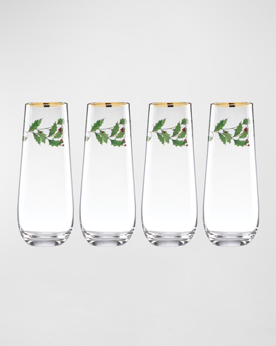 Lenox Holiday 4-piece Stemless Toasting Flutes In Clear Glass With Holly Leaves And Berrie