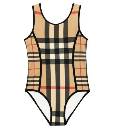 Burberry Kids' Beige Swimsuit For Girls With Iconic Check In Neutrals