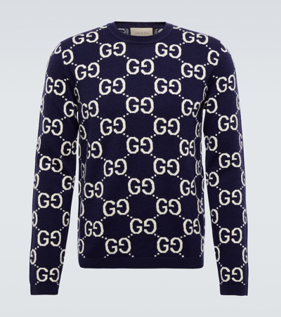 Gucci Gg Jacquard Wool Sweater In Blue