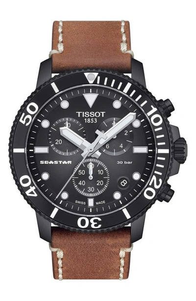 Tissot Seastar Leather Strap Chronograph Diving Watch, 45.5mm In Black