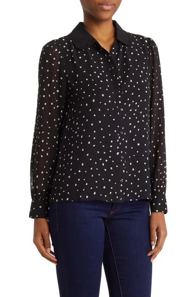 Dr2 By Daniel Rainn Peter Pan Collar Polka Dot Button Front Long Sleeve Blouse In M398 Black