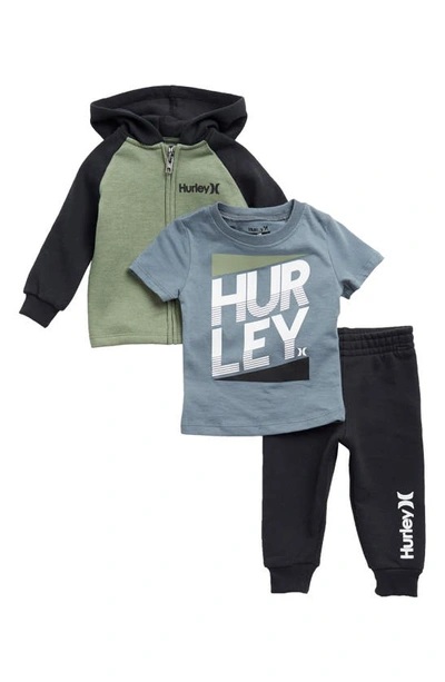 Hurley Babies' Graphic T-shirt, Zip Hoodie & Joggers Set In Spiral Sage Heather