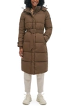 Noize Mara Belted Maxi Puffer Coat With Removable Hood In Earth