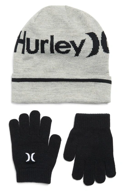 Hurley Kids' Pom Beanie & Gloves Set In Dark Grey Heather/ Black