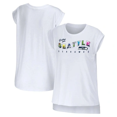 WEAR BY ERIN ANDREWS WEAR BY ERIN ANDREWS WHITE SEATTLE SEAHAWKS GREETINGS FROM MUSCLE T-SHIRT