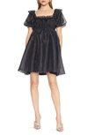4si3nna Charlene Puff Sleeve Organza Babydoll Minidress In Black