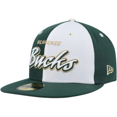 New Era Hunter Green/white Milwaukee Bucks Script Pinwheel 59fifty Fitted Hat In Hunter Green,white
