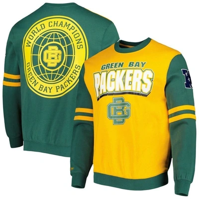 MITCHELL & NESS MITCHELL & NESS GOLD GREEN BAY PACKERS ALL OVER 2.0 PULLOVER SWEATSHIRT
