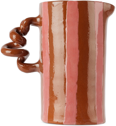 Harlie Brown Studio Brown & Pink Stripe Delights Wiggle Jug In Pink/terracotta
