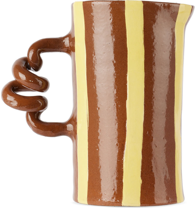 Harlie Brown Studio Brown & Yellow Stripe Delights Wiggle Jug In Yellow/terracotta