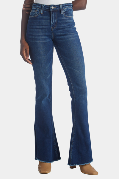 Flying Monkey High Rise Flare With Slit And Uneven Hem Detail In Dark Wash Denim