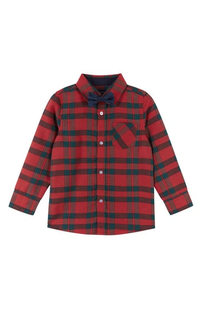 Andy & Evan Kids' Boy's Holiday Flannel Button Down W/ Bowtie In Red Plaid