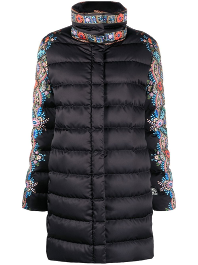 Etro Printed Quilted Satin Coat In Black