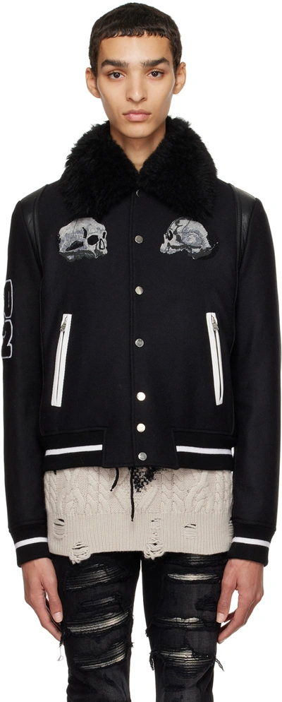 Amiri X Wes Lang Skull Patch Wool Blend Varsity Jacket With Genuine Shearling Collar In Black