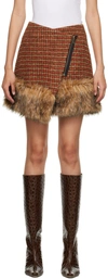 ANDERSSON BELL ORANGE & BROWN CHECK FAUX-FUR MINISKIRT