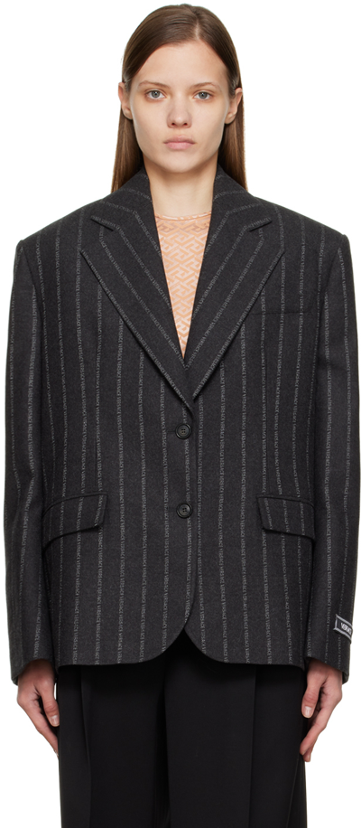 Versace Oversized Logo Pinstripe Single-breasted Blazer In Grey