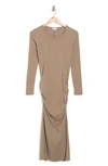 James Perse Long Sleeve Ruched Midi Dress In Fawn