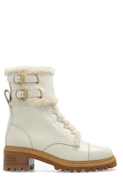 See By Chloé Mallory Fur-trimmed Leather Ankle Boots In Natural