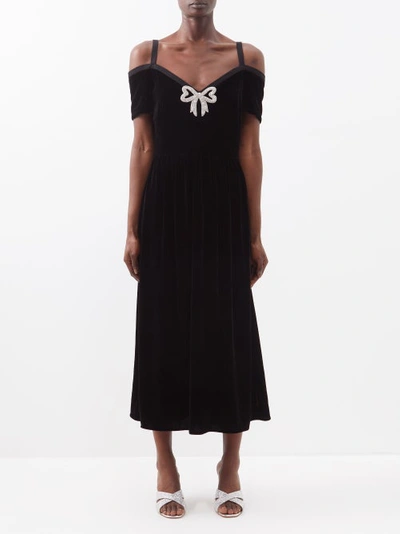 Saloni Clementine Crystal-bow Velvet Dress In Black