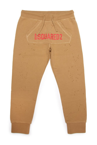 Dsquared2 Kids Logo Printed Straight Leg Trousers In Beige