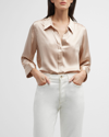 L Agence Dani Silk Satin 3/4-sleeve Button-down Blouse In Walnut
