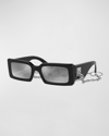 Dolce & Gabbana Dg Chain Rectangle Acetate Sunglasses In Black/gray Mirrored Solid