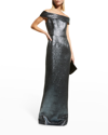 Rickie Freeman For Teri Jon Cuffed Off-the-shoulder Metallic Column Gown In Sapphire