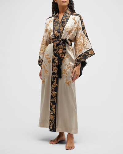 Josie Natori Natori Couture Dragon Embroidered Drop Sleeve Silk Wrap Robe  In Parchment | ModeSens