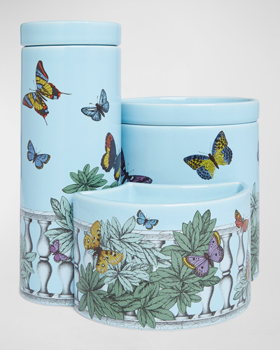 Fornasetti Nel Mentre Set Of Three Scented Candles - Décor Farfalle E Balaustra - Fragrance Giardino Segreto In Multicolour