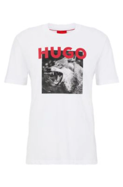 Hugo Cotton-jersey T-shirt With Wolf Print And Logo In White